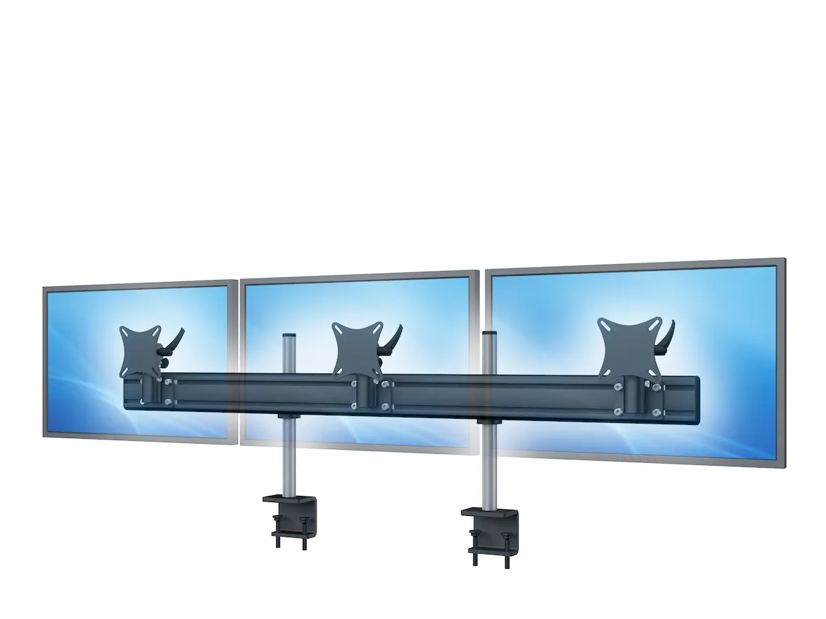 Triple-Monitorhalterung mit Tischklemme zur seitlichen Anordnung