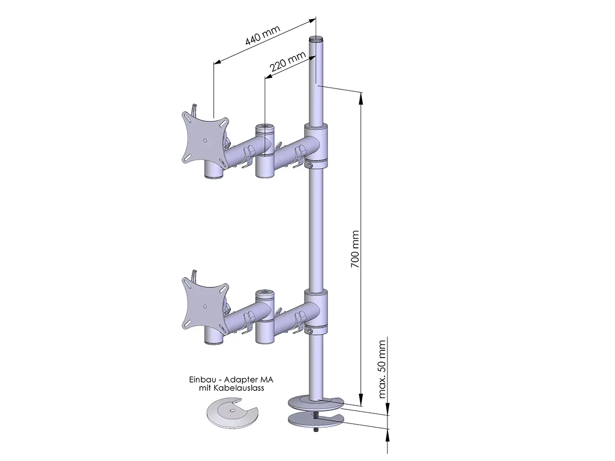 Flex-System Monitorhalterung für 2 Monitore Einbauadapter mit Kabelauslass (MA) 1+1 - 17''-24''