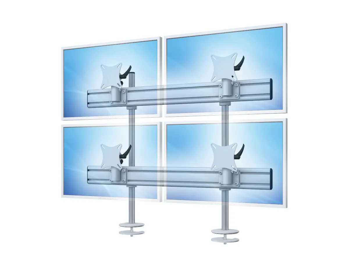 Monitorhalterung mit Tischklemme und Kabelführung für vier Monitore in 2x2-Anordnung