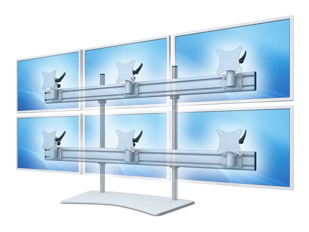 Flat-System Monitorhalter für 6 Monitore mit Tisch-Stand-Fuß 3+3 - 20''-24''