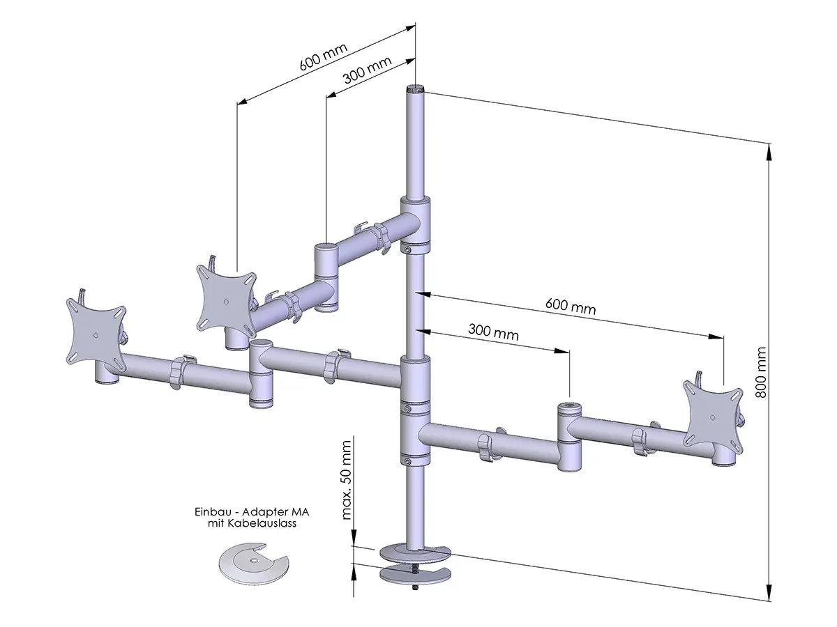 Flex-System Monitorhalterung für 3 Monitore Einbauadapter mit Kabelauslass (MA) 2+1 - 25''-32''