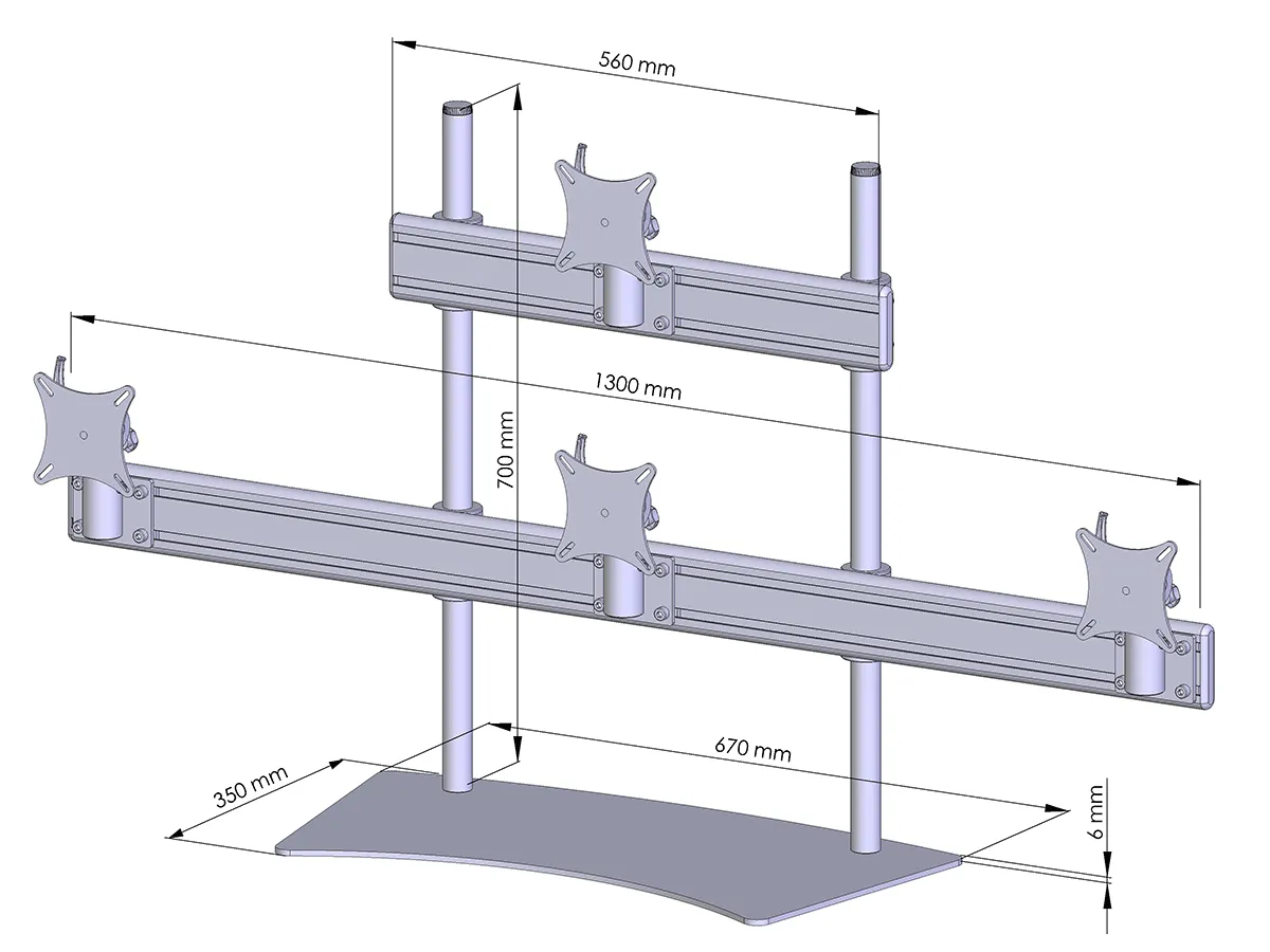 Freistehender Monitorständer für vier Displays – 3 unten, 1 oben