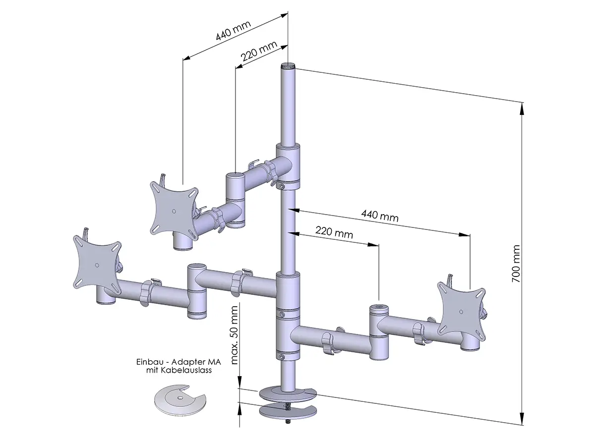 Flex-System Monitorhalterung für 3 Monitore Einbauadapter mit Kabelauslass (MA) 2+1 - 17''-24''