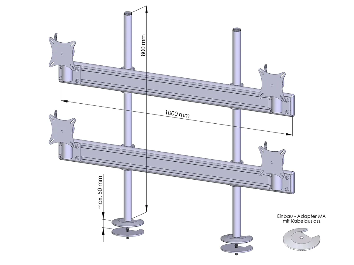 4-fach Monitorhalterung mit doppelter Tischklemme und flexiblem Arm