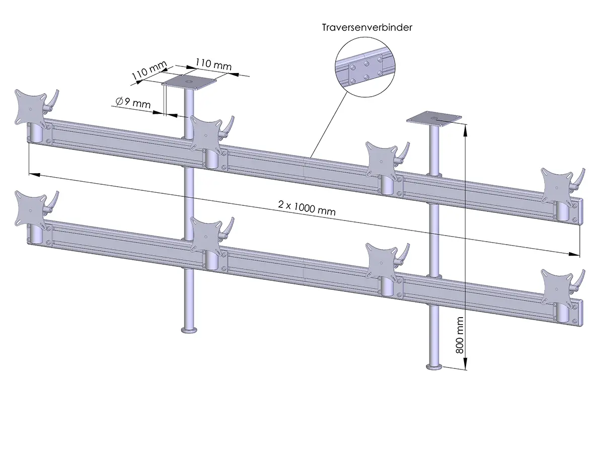 Flat-System Monitorhalter Decke für 8 Monitore 4 + 4 - 20''-24"