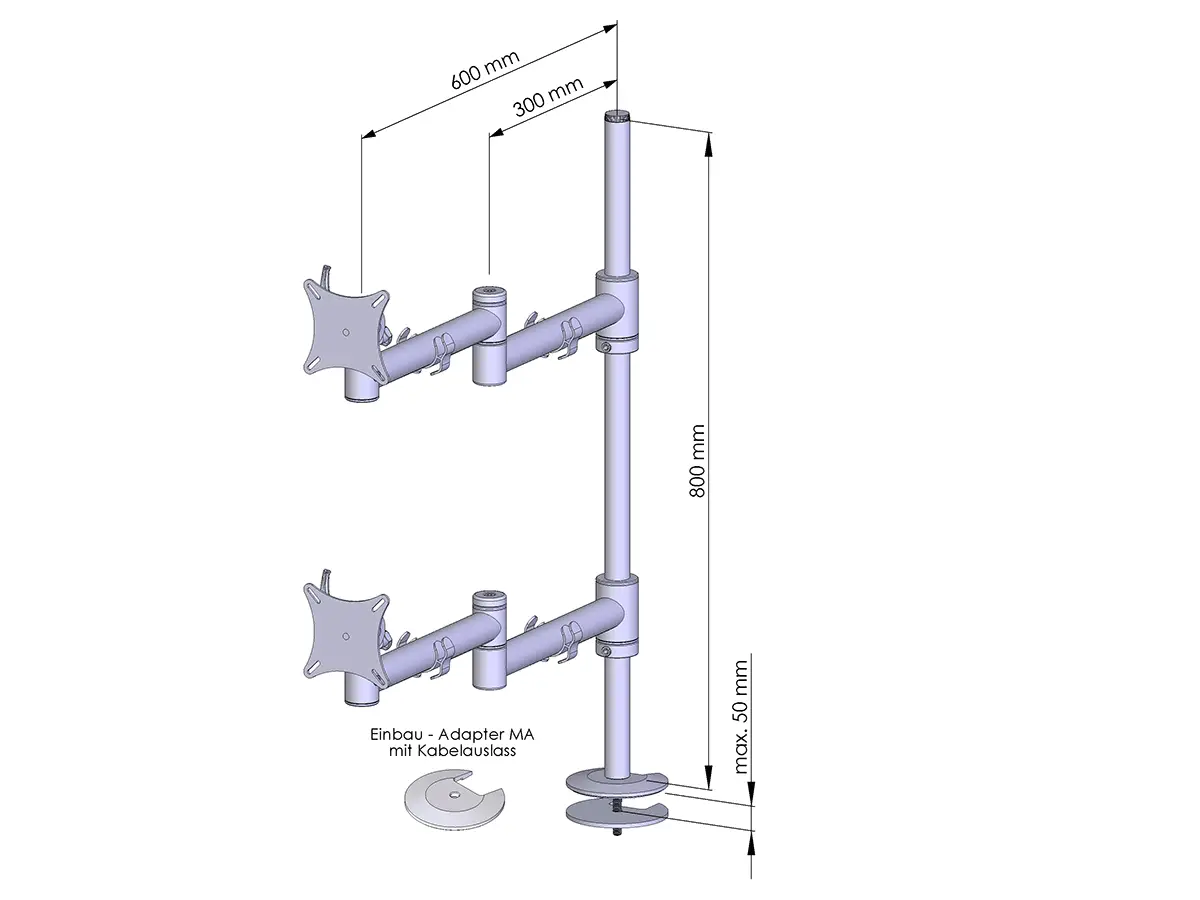 Flex-System Monitorhalterung für 2 Monitore Einbauadapter mit Kabelauslass (MA) 1+1 - 25"-32"