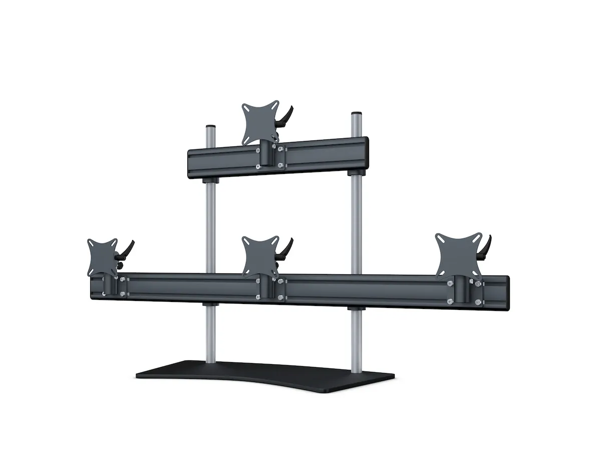 Stabile Halterung mit Standfuß für drei horizontale und einen oberen Monitor